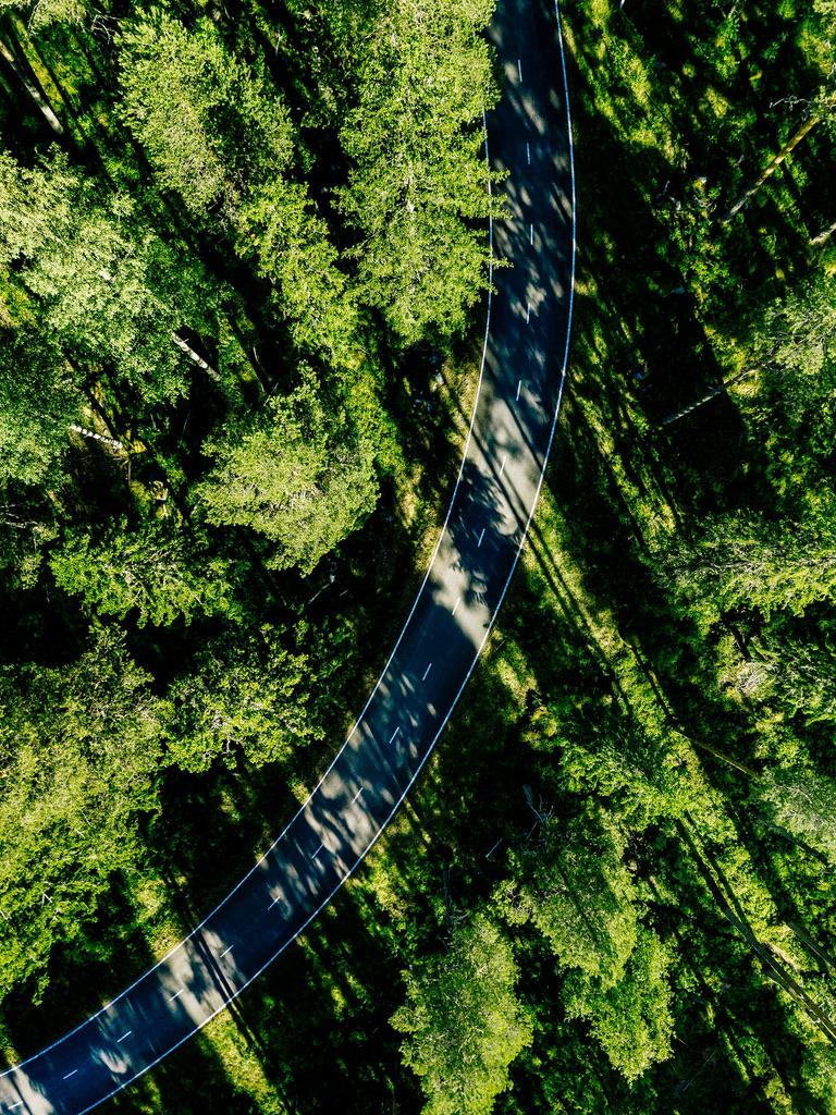 Aerial view of a road in green summer pine forest in Finland